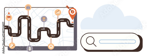 Winding road map with key milestones, goal marker, and search bar symbolizing planning, strategy, and achievement. Ideal for business planning, innovation, growth, goal setting exploration