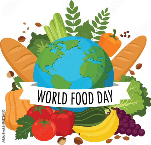 Illustration of a globe surrounded by various fruits and vegetables with a banner reading 'World Food Day' on a white background with a colorful and vibrant mood.