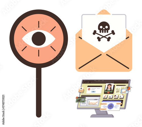 Magnifying glass with eye, skull and crossbones on email envelope, infected computer screen. Ideal for cybersecurity, online risk, data protection, malware, phishing, hacking and security awareness