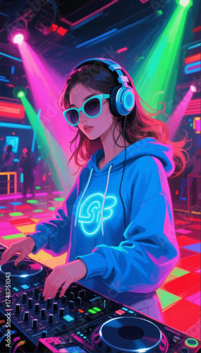 A vivid illustration of a nightclub where a DJ girl is standing at a mixing console leading a disco. Vector graphics. EPS.