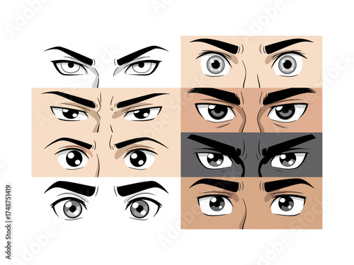 Vector set of anime style eyes in black and white for illustration design, Illustrations featuring varied shapes, expressions styles for use in sketch art design, cartoons, creative projects