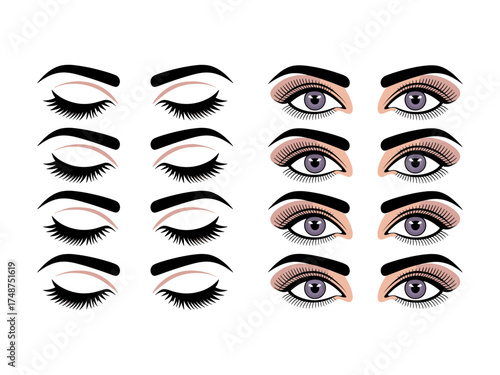 Vector set of anime style eyes in black and white for illustration design, Illustrations featuring varied shapes, expressions styles for use in sketch art design, cartoons, creative projects