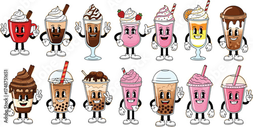A cheerful collection of cartoon drink mascots, featuring a variety of milkshakes, smoothies, and bubble tea characters with happy faces