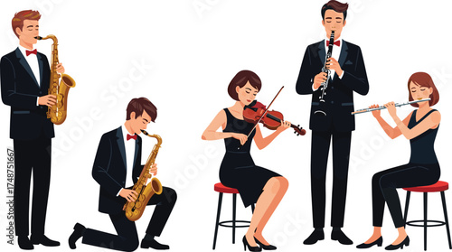 Elegant vector illustration of a musical ensemble with musicians playing saxophone, violin, clarinet, and flute in a classical concert
