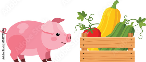 Happy Pig and Harvest Basket A Delightful Illustration of Farm Life and Fresh Produce