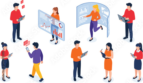 Diverse individuals interacting with futuristic digital interfaces, showcasing technology and data visualization