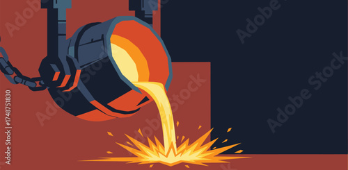 Stylized vector illustration of a foundry ladle pouring glowing molten metal, symbolizing industrial manufacturing and metallurgy