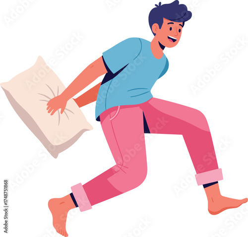 Vector illustration of a cheerful young man running with a pillow, embodying the concept of fun, relaxation, and playful energy at home