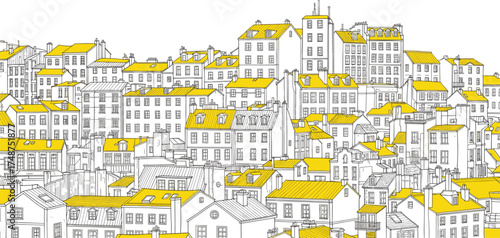 Charming European Cityscape Illustration with Yellow Rooftops and Detailed Architecture