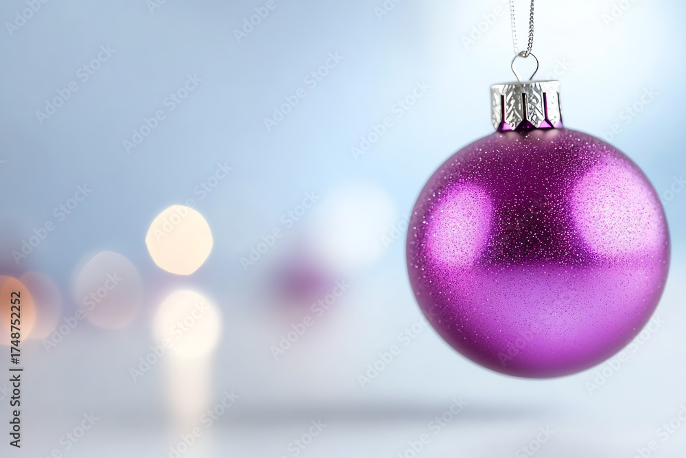 Fototapeta premium A sparkling purple ornament glimmers against a softly blurred background, perfect for holiday and festive season themes.