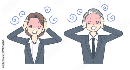 頭を抱えて混乱する中年のビジネスマンと中年のビジネスウーマンのイラスト