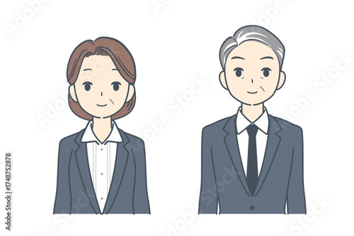 正面から見た、中年のビジネスマンと中年のビジネスウーマンのイラスト