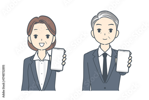 スマートフォンを前に突き出して指して見せる中年のビジネスマンと中年のビジネスウーマンのイラスト