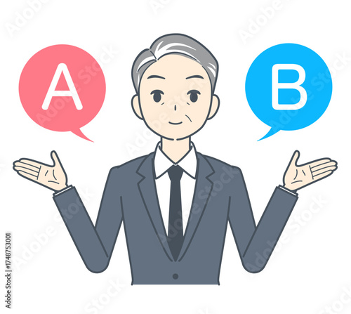 AとBの選択肢を選ぶ中年のビジネスマンのイラスト