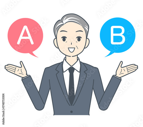 AとBの選択肢を選ぶ中年のビジネスマンのイラスト 笑顔