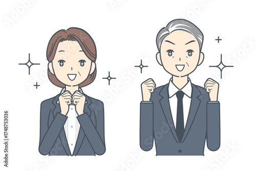 目を輝かせて興奮した中年のビジネスマンと中年のビジネスウーマンのイラスト