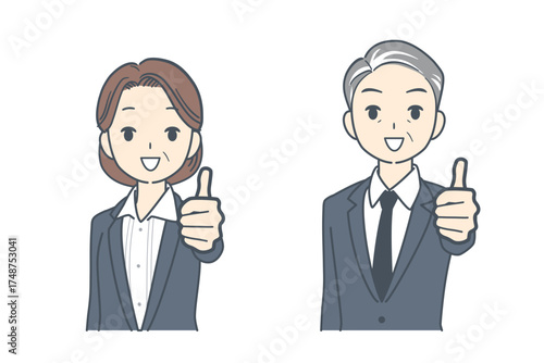 親指を立てる中年のビジネスマンと中年のビジネスウーマンのイラスト