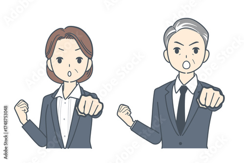 拳を突き出す中年のビジネスマンと中年のビジネスウーマンのイラスト