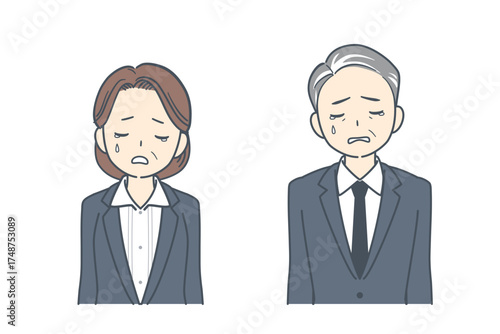 悲しそうに俯く中年のビジネスマンと中年のビジネスウーマンのイラスト