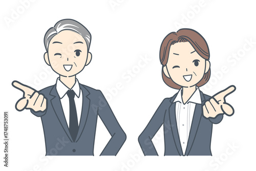 笑顔で前を指さす中年のビジネスマンと中年のビジネスウーマンのイラスト