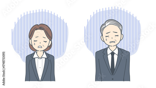 悲しそうに俯く中年のビジネスマンと中年のビジネスウーマンのイラスト