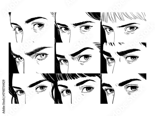 Vector set of anime style eyes in black and white for illustration design, Illustrations featuring varied shapes, expressions styles for use in sketch art design, cartoons, creative projects
