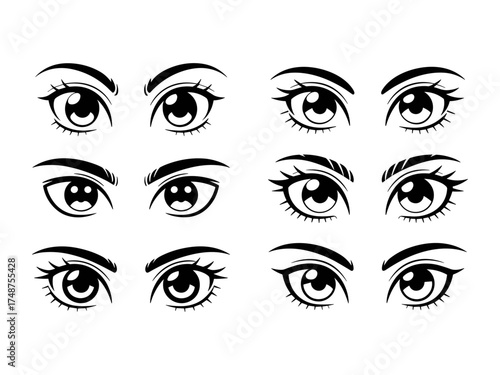 Vector set of anime style eyes in black and white for illustration design, Illustrations featuring varied shapes, expressions styles for use in sketch art design, cartoons, creative projects
