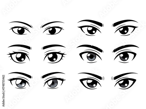 Vector set of anime style eyes in black and white for illustration design, Illustrations featuring varied shapes, expressions styles for use in sketch art design, cartoons, creative projects