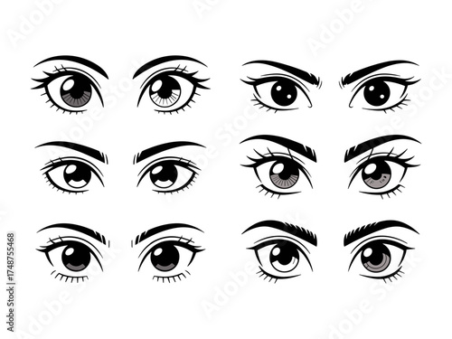 Vector set of anime style eyes in black and white for illustration design, Illustrations featuring varied shapes, expressions styles for use in sketch art design, cartoons, creative projects