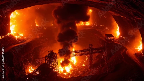 Lithium Mine Underground Fire in Orange-Red Glow, Rising Smoke
