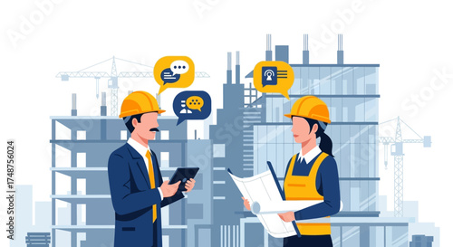 Construction workers discussing plans at a building site with speech bubbles.