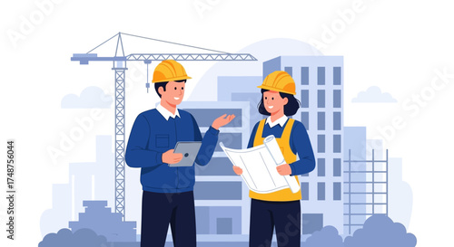 Construction workers discussing plans at a building site with crane and buildings.