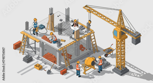 Isometric illustration of a construction site with workers, crane, and building under construction.