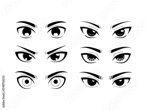 Vector set of anime style eyes in black and white for illustration design, Illustrations featuring varied shapes, expressions styles for use in sketch art design, cartoons, creative projects