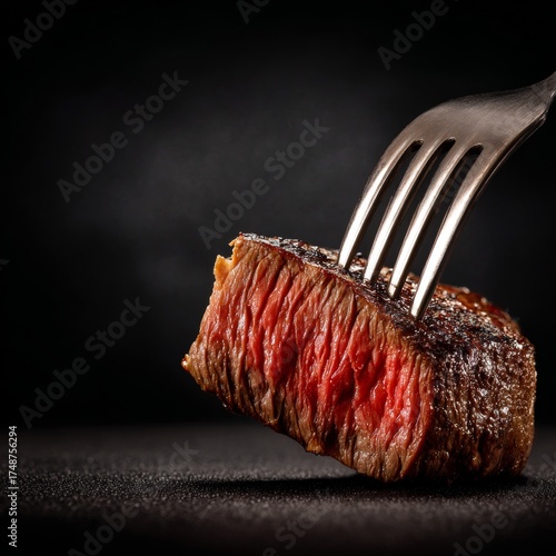 Juicy rare beef steak on fork against a bold black background for culinary enthusiasts