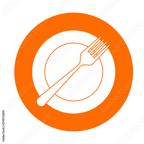 icon of a dinner plate with a fork, on a transparent background inside a bold orange circle; minimalist line style, clean contours, modern dining and kitchen theme