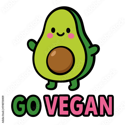 Cute cartoon avocado with smile and Go Vegan text, kawaii healthy lifestyle vector