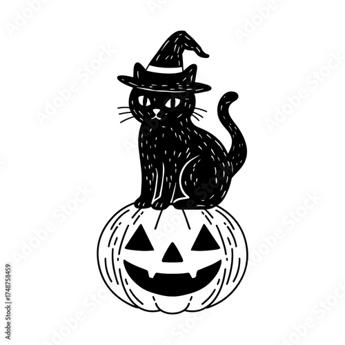 hand drawn cat with pumpkin isolated on white background