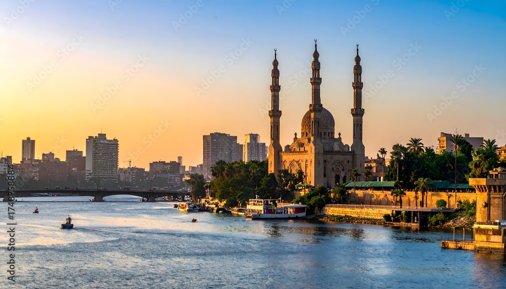 Obraz premium Historic Mosque on the River at Sunset