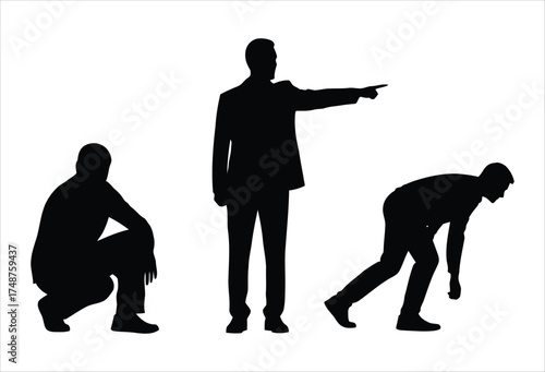 Silhouette of a man squatting, pointing, and starting a race, representing leadership and competition