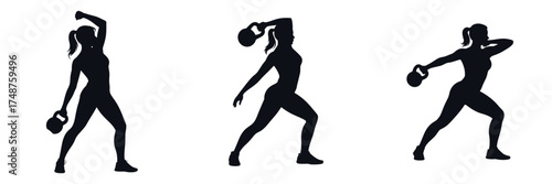 Silhouette of Female Athlete Lifting Kettlebell – Strong Woman Training with Weights, Fitness Workout, Strength Exercise, Cross Training and Gym Workout Vector Illustration