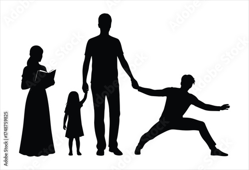Silhouette of a family with a mother holding a book, father holding a childs hand, and a man doing a martial arts pose