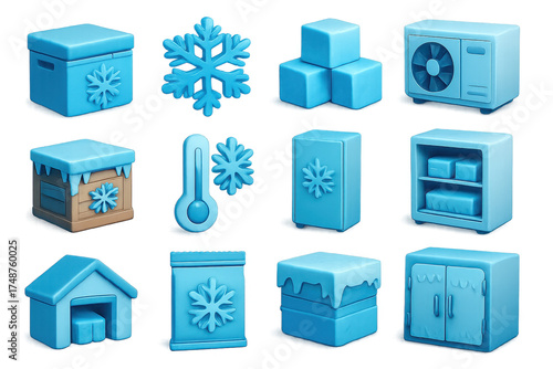 3D Cold Storage Icons. Cold storage set of icons in 3D color style: refrigerated box, snowflake symbol, cooling unit, stacked ice, frozen crate,