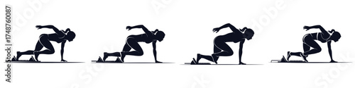 Silhouette of Female Sprinter Ready to Run – Woman Athlete at Starting Blocks, Sprint Training, Track and Field Sports, Speed, Power, and Determination Vector Illustration for Fitness Concept Design
