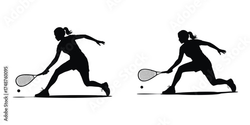 Silhouette of Female Squash Player Hitting Ball – Woman Playing Racket Sport Indoors, Athletic Action, Fitness and Training Illustration for Competition, Exercise, and Sports Concept Design