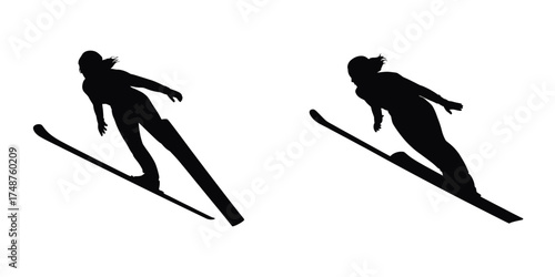 Silhouette of Female Skier Jumping and Sliding Downhill – Woman in Winter Sports Action, Ski Jump, Snow Activity, Mountain Adventure and Cold Season Vector Illustration