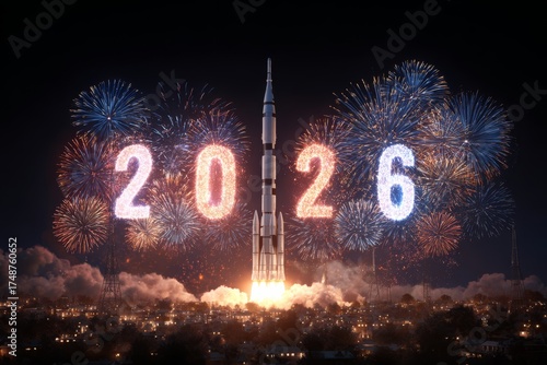 Space rocket launch with glowing 2026 fireworks bursting in the sky