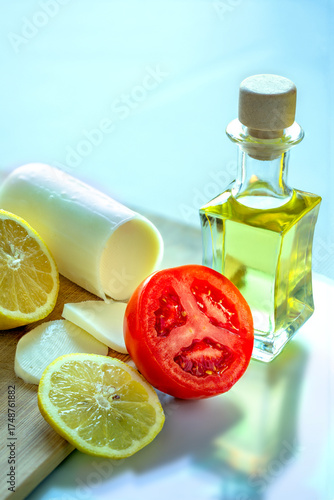 Mozzarella cheese siced tomatoes and lemon slices.