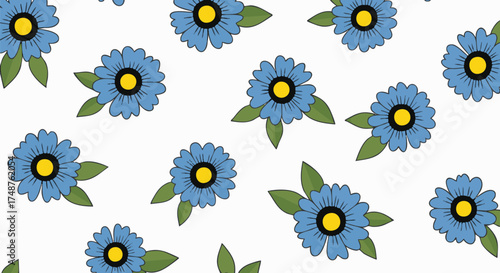 A cheerful repeating pattern of simple blue cartoon flowers with yellow centers and green leaves against a clean white background