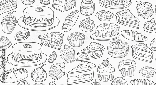 A seamless background pattern featuring various desserts and pastries in a hand-drawn doodle style